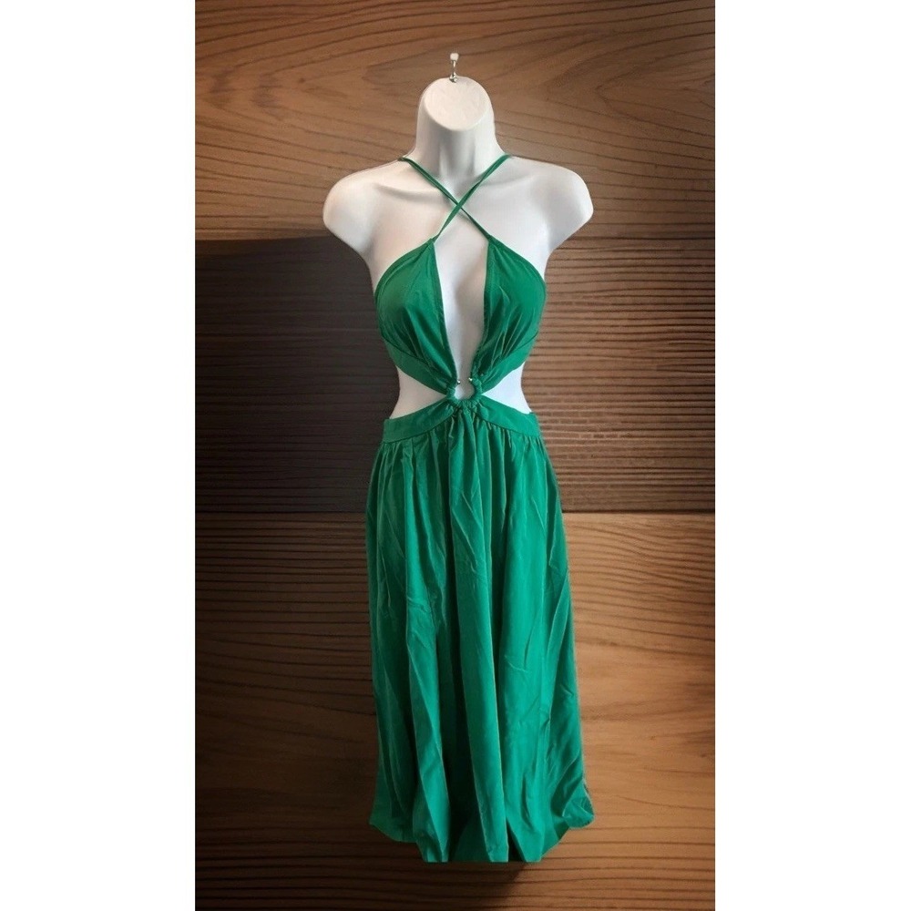 Shein Green Halter Cutout O-Ring Midi Dress Open Back Summer Womens Small, 4